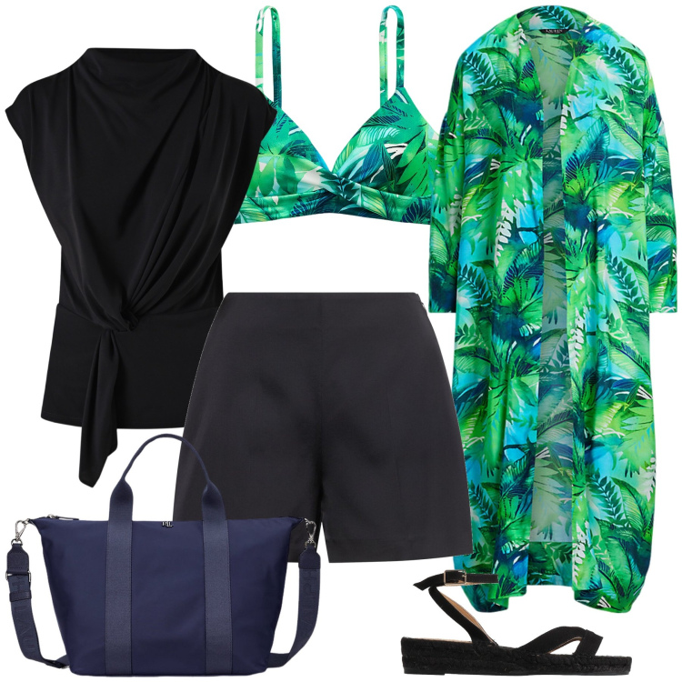 Outfit donna - Completo chic da spiaggia. Stile Glamour per Mare. Abbinamento con espadrillas, top, vestiti da spiaggia, bikini, borse tote, shorts.