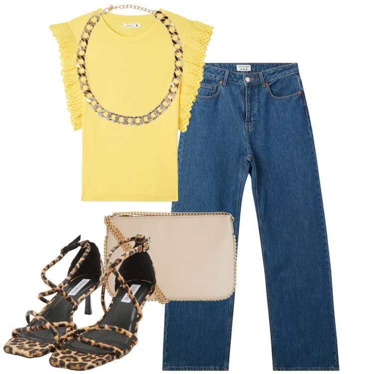 Outfit donna - Terranova estate con stile. Stile Chic per Serata fuori. Abbinamento con sandali col tacco, t-shirt, borse a tracolla, collane, jeans.