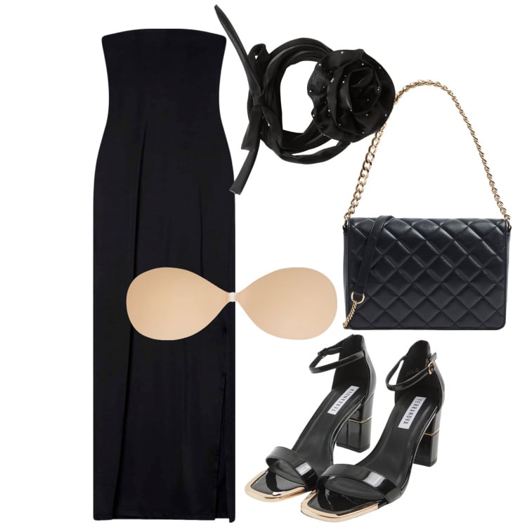 Outfit donna - Terranova estate con stile. Stile Glamour per Serata fuori. Abbinamento con sabot, collane, vestiti lunghi, reggiseni, borse a tracolla.