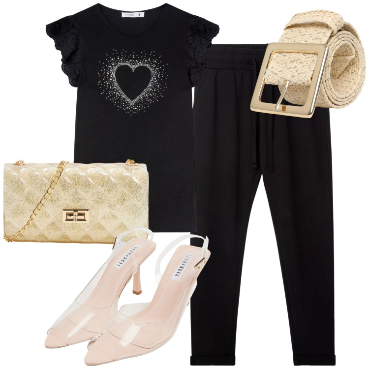 Outfit donna - Terranova estate con stile. Stile Casual chic per Serata fuori. Abbinamento con pantaloni, sandali col tacco, borse a tracolla, t-shirt, cinture.