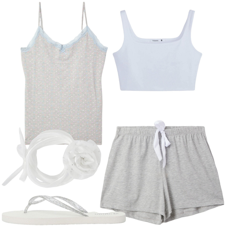 Outfit donna - Terranova estate con stile. Stile Basic per Tutti i giorni. Abbinamento con collane, magliette intime, reggiseni, infradito, pigiama.