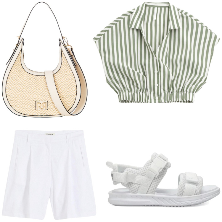 Outfit donna - Vacanze chic. Stile Chic per Tutti i giorni. Abbinamento con shorts, sandali, borse a mano, camicie a manica corta.