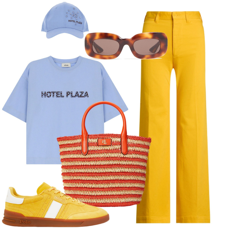 Outfit donna - Curvy sporty chic. Stile Sporty chic per Tutti i giorni. Abbinamento con sneakers, pantaloni, borse tote, t-shirt, occhiali da sole.