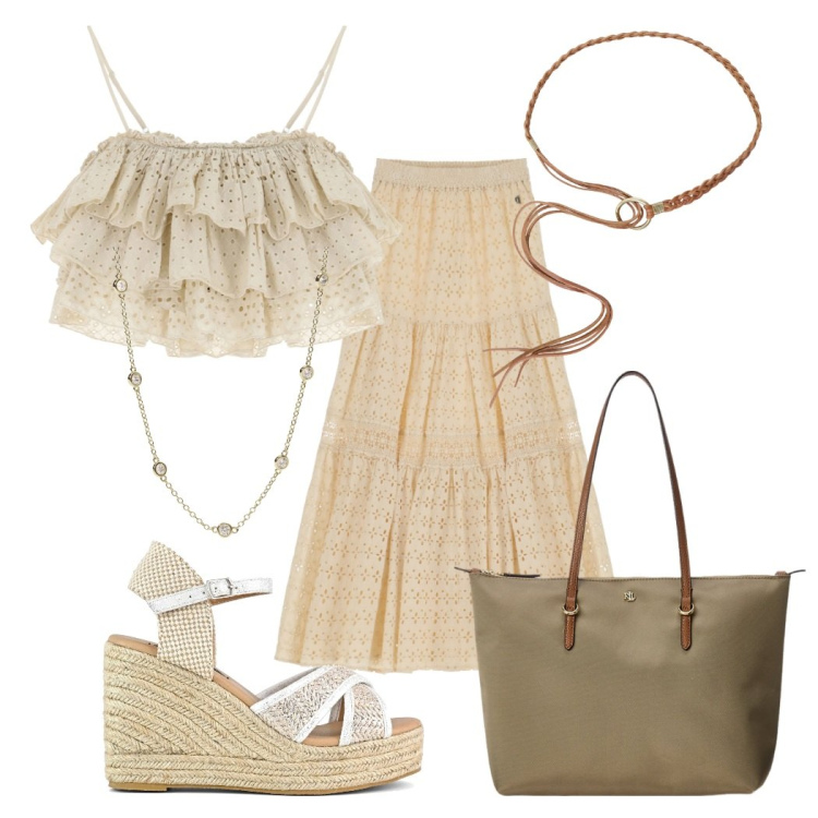 Outfit donna - Positano. Stile Boho per Tutti i giorni. Abbinamento con collane, gonne lunghe, cinture, top, borse tote, zeppe.