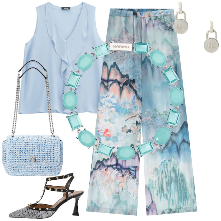 Outfit donna - Total look #2184244. Abbinamento con braccialetti, pantaloni, top, décolleté, orecchini, borse a spalla.