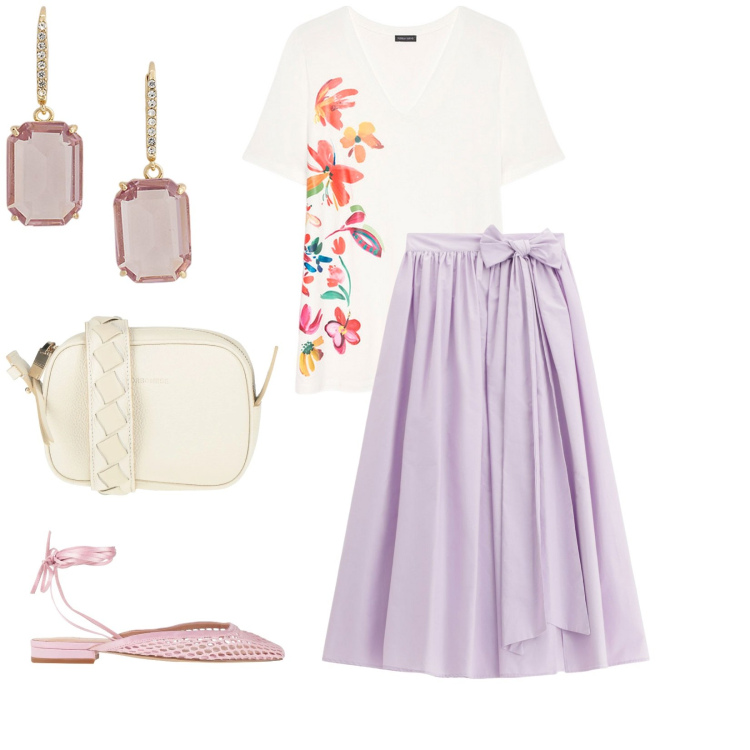 Outfit donna - Estate. per Tutti i giorni. Abbinamento con ballerine, borse a tracolla, gonne lunghe, orecchini, t-shirt.