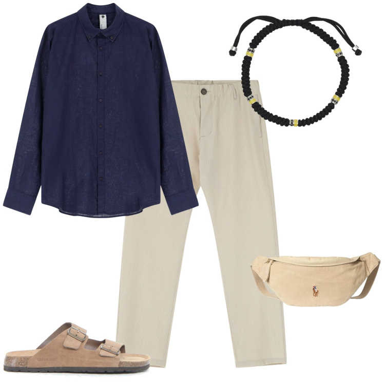 Outfit uomo - Total look #2184247. Stile Trendy per Mare. Abbinamento con braccialetti, pantaloni, camicie, borse sportive, sandali.