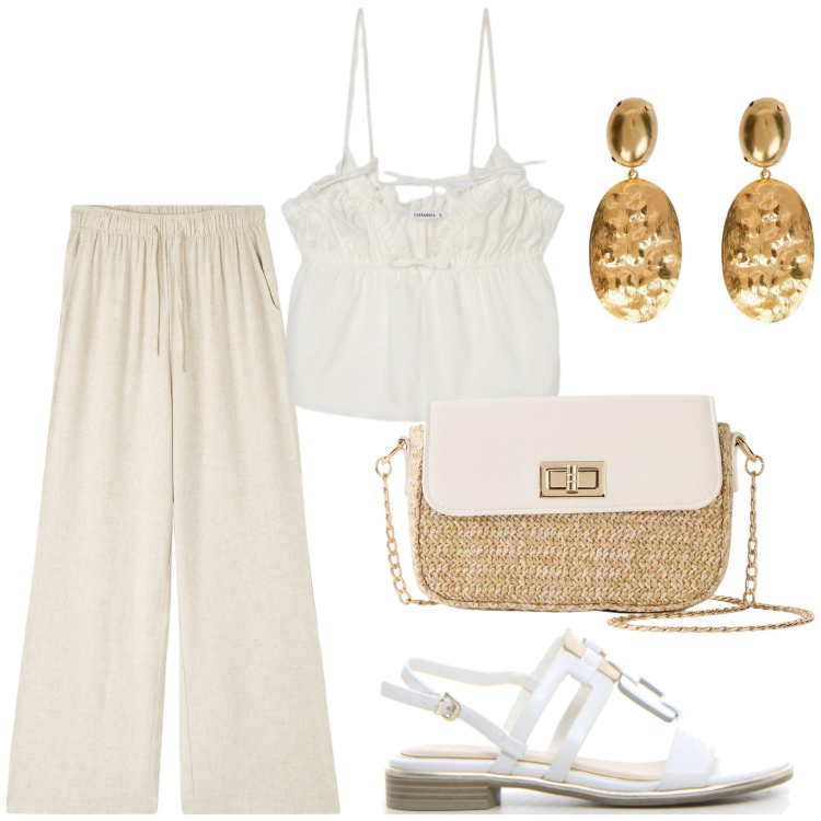 Outfit donna - Eleganza da vacanze al mare. Stile Casual chic per Tutti i giorni. Abbinamento con shopping bag, pantaloni, canottiere, sandali, orecchini.