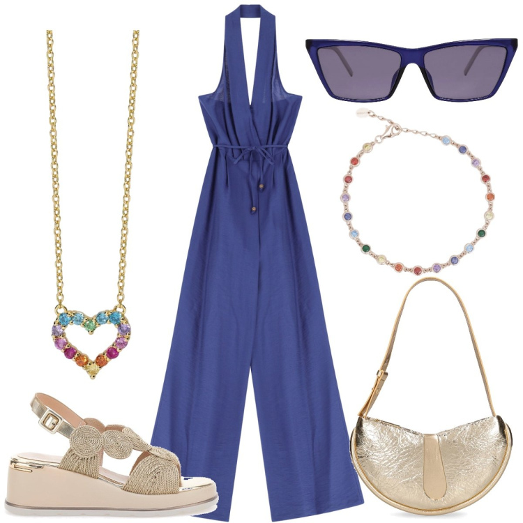 Outfit donna - In vacanza. Stile Casual chic per Tutti i giorni. Abbinamento con occhiali da sole, braccialetti, collane, tute, sandali col tacco, borse a spalla.