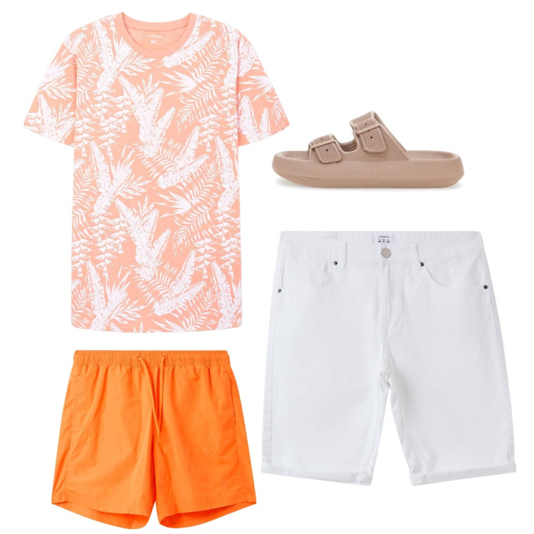 Outfit uomo - Mare. Stile Casual per Tutti i giorni. Abbinamento con bermuda, costumi, t-shirt, sandali.
