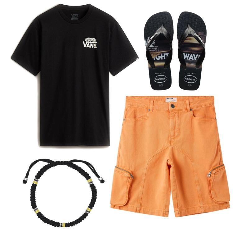Outfit uomo - Bermuda. Stile Casual per Tutti i giorni. Abbinamento con pantaloni corti, braccialetti, sandali, t-shirt.