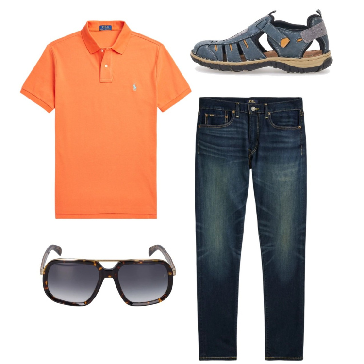 Outfit uomo - In jeans. Stile Casual per Tutti i giorni. Abbinamento con polo, jeans, sandali, occhiali da sole.