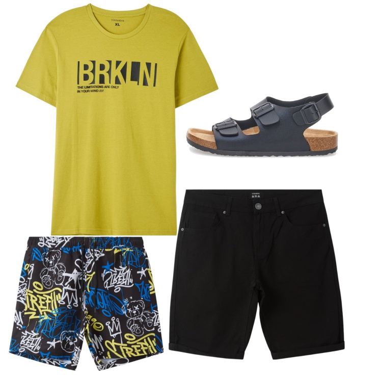 Outfit uomo - Mare. Stile Urban per Mare. Abbinamento con t-shirt, bermuda, costumi, sandali.