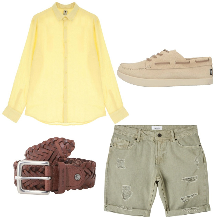Outfit uomo - Giallino. Stile Casual per Tutti i giorni. Abbinamento con scarpe stringate, bermuda, cinture, camicie.