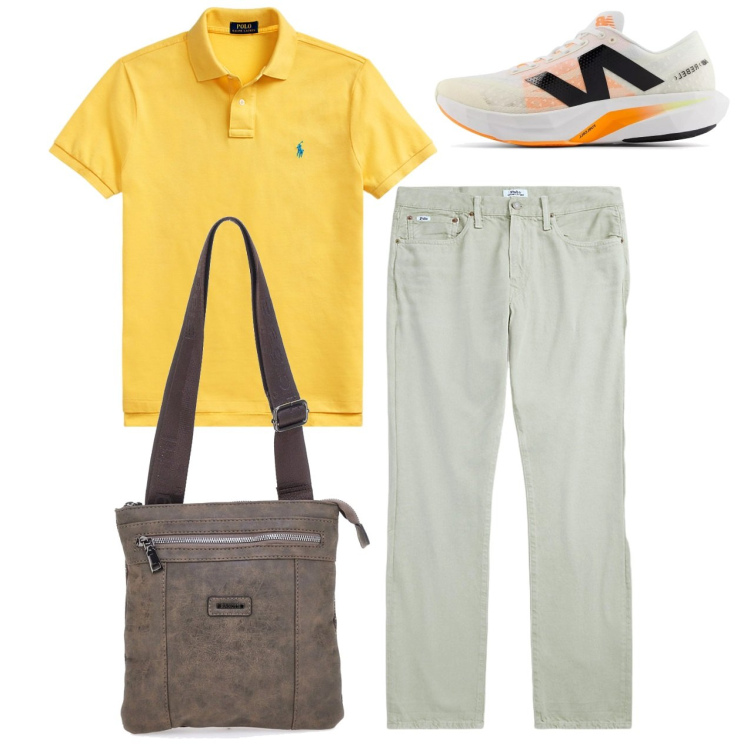 Outfit uomo - I jeans chiari. Stile Casual per Tutti i giorni. Abbinamento con sneakers, polo, jeans dritti, portafogli.