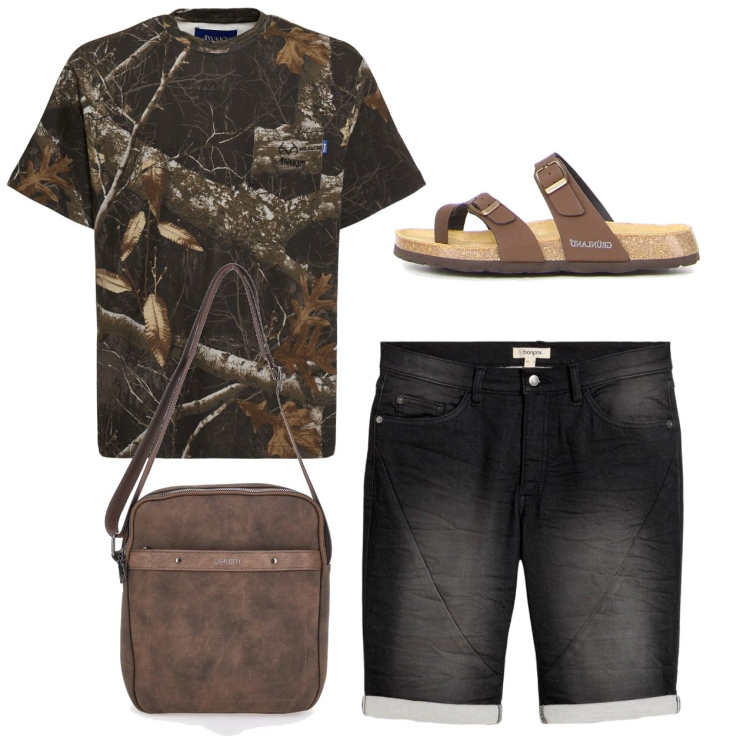 Outfit uomo - Nero e moka. Stile Urban per Tutti i giorni. Abbinamento con bermuda, portafogli, t-shirt, sandali.