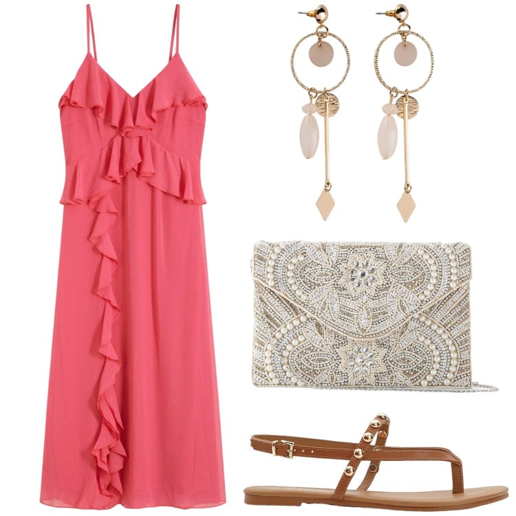 Outfit donna - Estate romantica. Stile Romantica per Serata fuori. Abbinamento con pochette, orecchini, vestiti midi/longuette, ciabatte.
