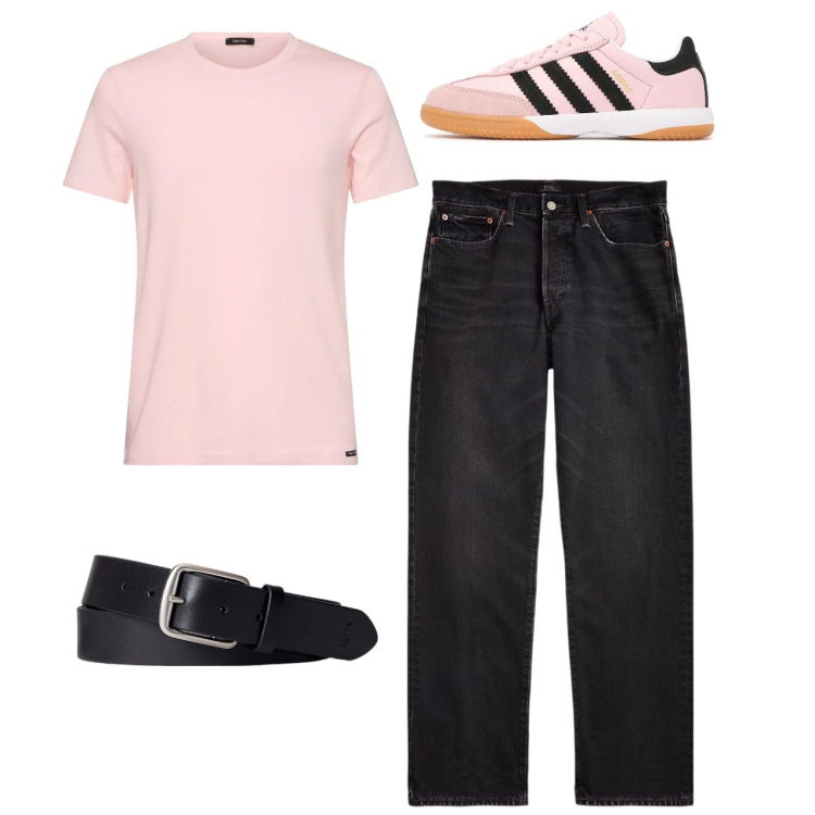 Outfit uomo - Coordinato in rosa. Stile Casual per Tutti i giorni. Abbinamento con cinture, jeans dritti, t-shirt, sneakers.