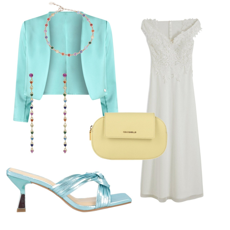 Outfit donna - Sole e mare. Stile Chic per Serata fuori. Abbinamento con vestiti, sandali in pelle, borse a mano, orecchini, braccialetti, bolero.