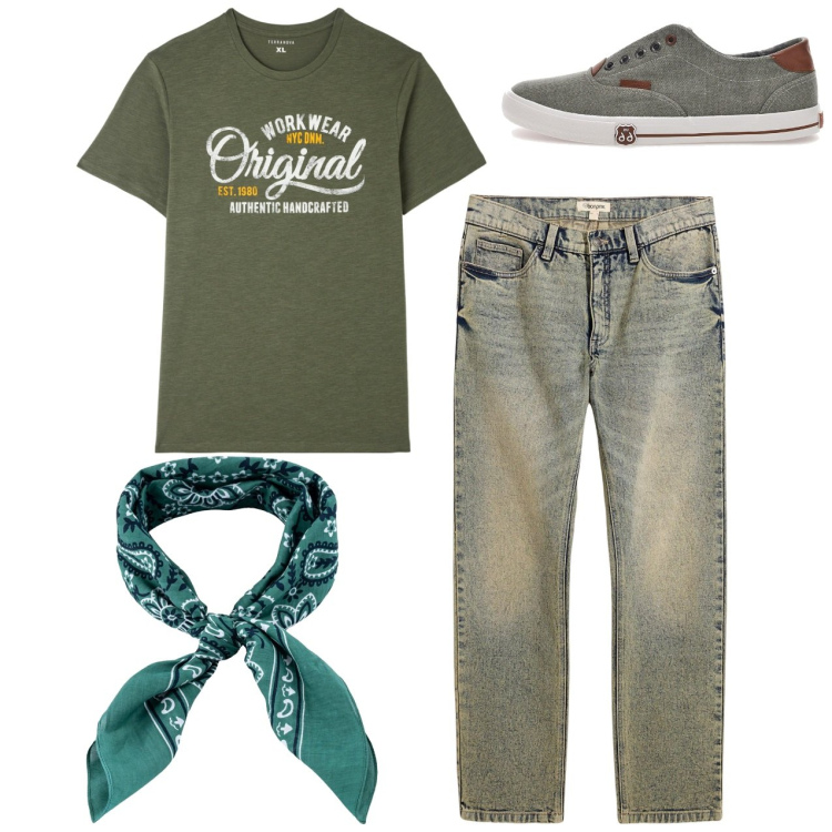Outfit uomo - La bandana. Stile Casual per Tutti i giorni. Abbinamento con jeans dritti, t-shirt, sneakers, sciarpe e foulard.