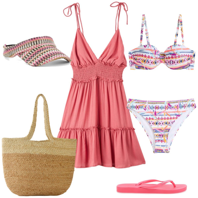 Outfit donna - In spiaggia. Stile Romantica per Mare. Abbinamento con bikini, bikini, shopping bag, vestiti corti, infradito, cappelli con visiera.