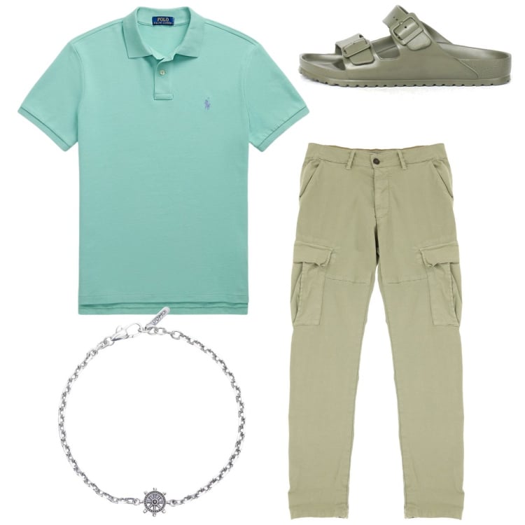 Outfit uomo - Passeggiata estiva. Stile Casual per Tutti i giorni. Abbinamento con braccialetti, pantaloni cargo, polo, sandali.