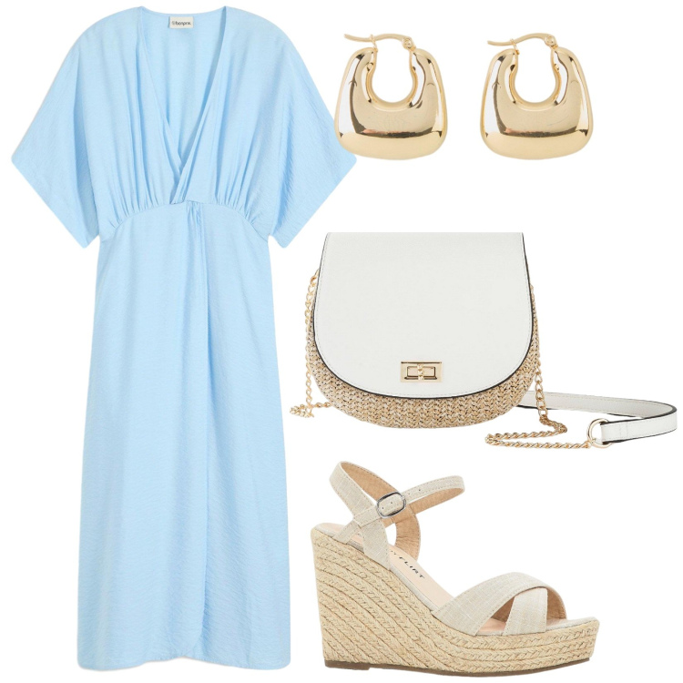 Outfit donna - Abito celeste. Stile Romantica per Tutti i giorni. Abbinamento con borse a tracolla, vestiti, sandali, orecchini.