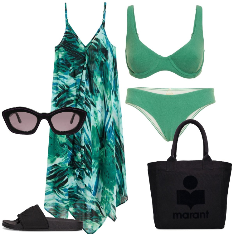 Outfit donna - Verde mare. Stile Chic per Mare. Abbinamento con vestiti da spiaggia, occhiali da sole, shopping bag, bikini, ciabatte, bikini.