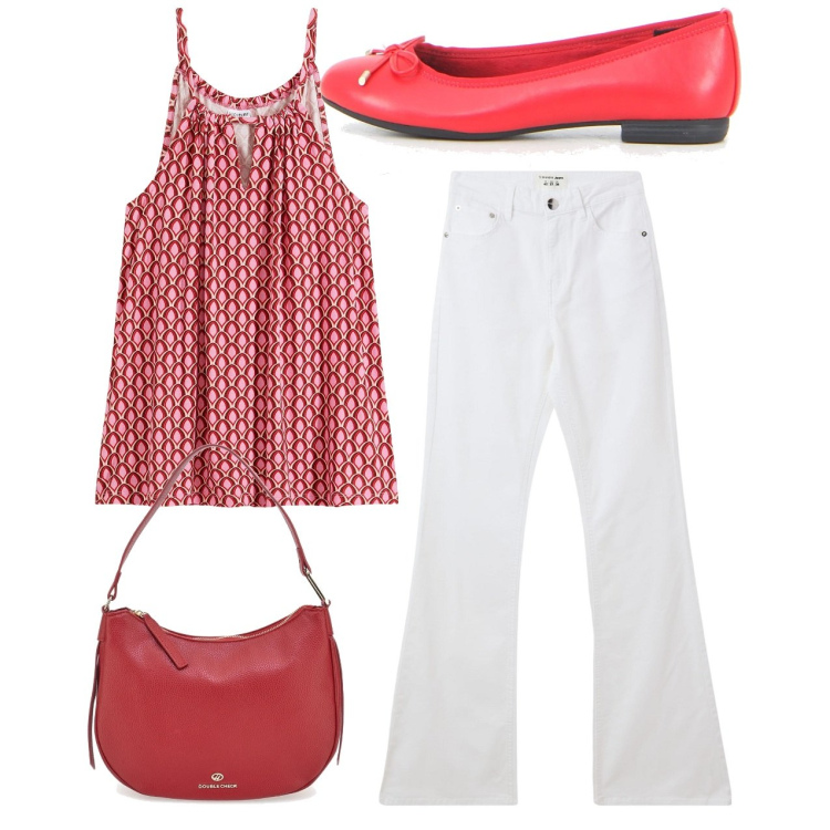 Outfit donna - Fragola. Stile Bon Ton per Tutti i giorni. Abbinamento con top, jeans a zampa, borse a tracolla, ballerine.