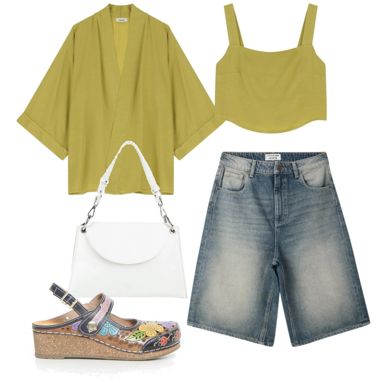 Outfit donna - Coordinato. Stile Casual chic per Tutti i giorni. Abbinamento con borse a mano, bermuda, blazer, top, sandali.