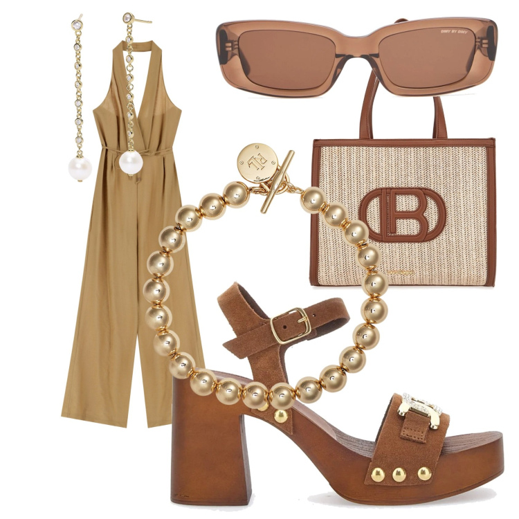 Outfit donna - Beach. Stile Casual chic per Ufficio. Abbinamento con orecchini, tute, braccialetti, borse a spalla, zoccoli, occhiali da sole.