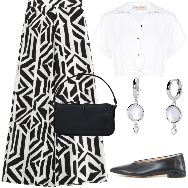 Outfit donna - Tutti i giorni. Stile Basic per Tutti i giorni. Abbinamento con pantaloni, orecchini, camicie a manica corta, pochette, ballerine.