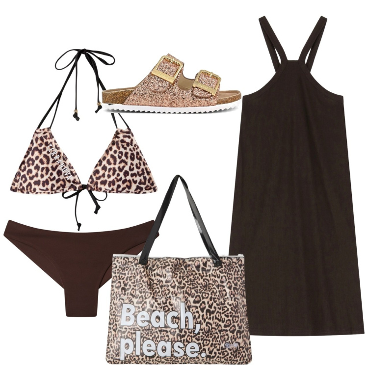 Outfit donna - Estate animalier. Stile Chic per Mare. Abbinamento con borse tote, bikini, bikini, vestiti corti, sandali.
