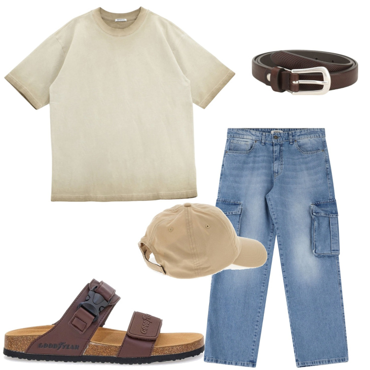 Outfit uomo - Casual style. Stile Casual per Tutti i giorni. Abbinamento con cinture, t-shirt, jeans, sandali, cappelli.