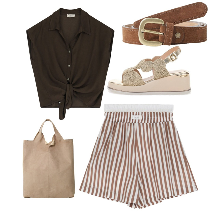 Outfit donna - Marrone. Stile Bon Ton per Mare. Abbinamento con pantaloni corti, shopping bag, cinture, camicie, sandali col tacco.