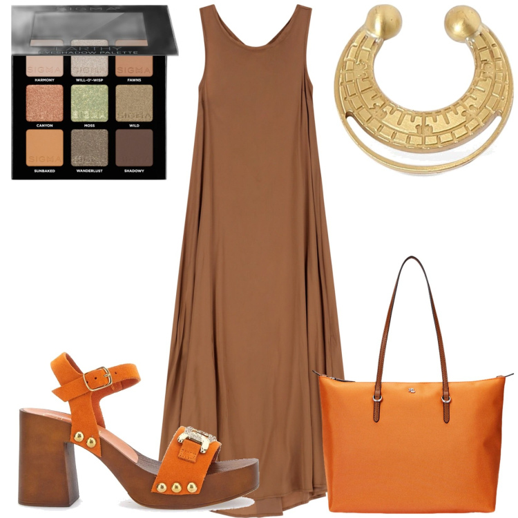 Outfit donna - Total look #2184297. Stile Etnico per Tutti i giorni. Abbinamento con ombretti, vestiti lunghi, borse tote, zoccoli, orecchini.