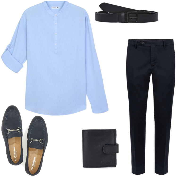 Outfit uomo - A cena fuori. Stile Business/Elegante per Serata speciale. Abbinamento con camicie, cinture, pantaloni chino, portafogli, scarpe stringate.