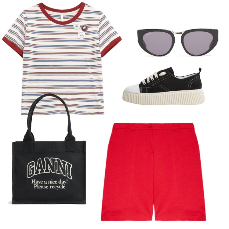Outfit donna - Basic in città. Stile Basic per Tutti i giorni. Abbinamento con t-shirt, sneakers, pantaloni corti, occhiali da sole, shopping bag.