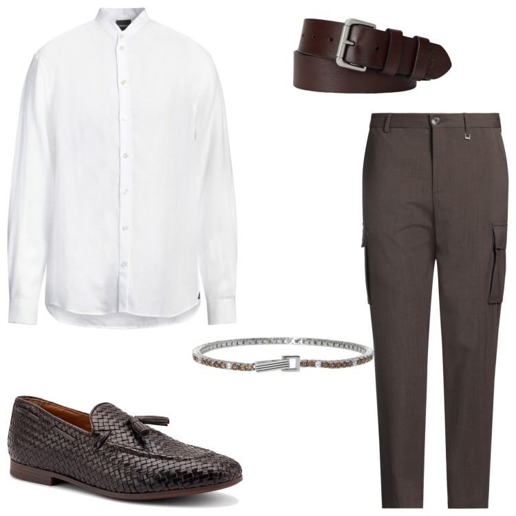 Outfit uomo - Casual chic. Stile Business/Elegante per Serata speciale. Abbinamento con camicie, pantaloni cargo, braccialetti, cinture, scarpe stringate.
