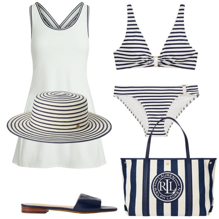 Outfit donna - Al mare. Stile Chic per Mare. Abbinamento con ciabatte, bikini, cappelli, borse tote, vestiti, bikini.