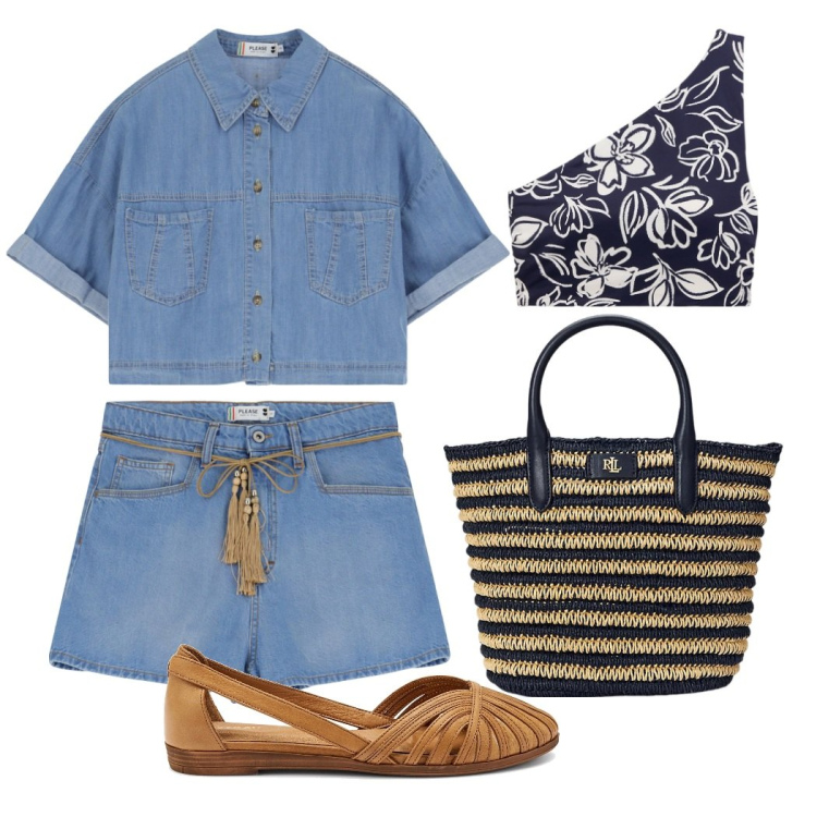 Outfit donna - Drive me to the sea. Stile Casual chic per Mare. Abbinamento con shorts, camicie a manica corta, borse tote, bikini, ballerine.