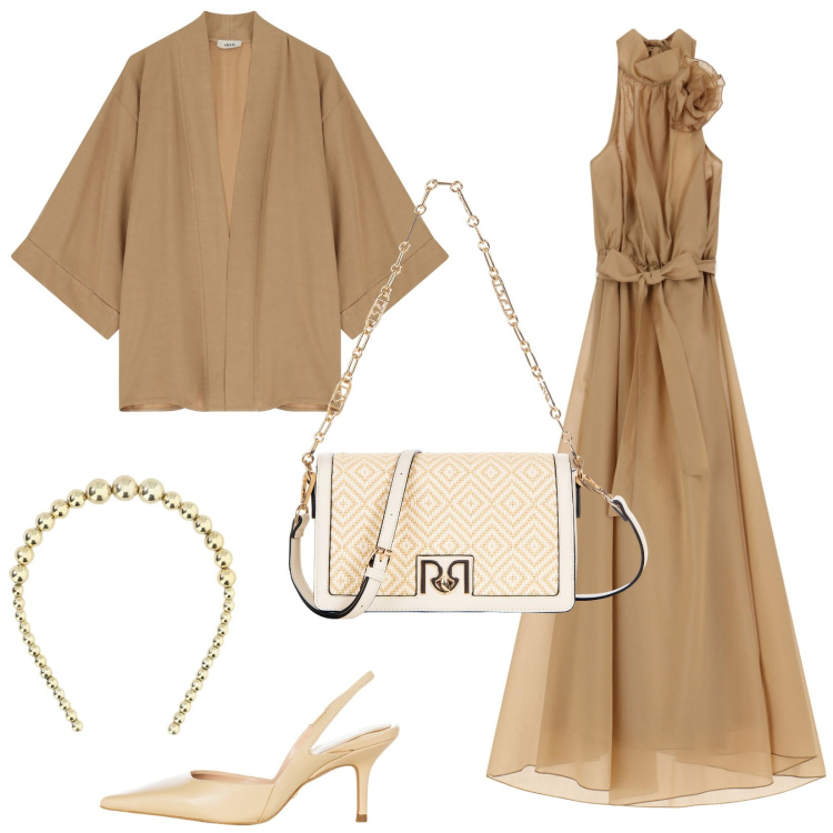 Outfit donna - Abito leggero color cappuccino. Stile Chic per Cerimonia. Abbinamento con vestiti lunghi, cerchietti, blazer, décolleté, borse a tracolla.