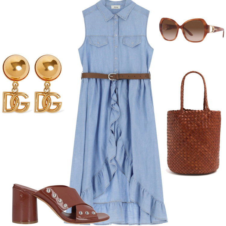 Outfit donna - Abito denim. Stile Casual chic per Ufficio. Abbinamento con sandali in pelle, vestiti senza maniche, occhiali da sole, orecchini, borse a mano.