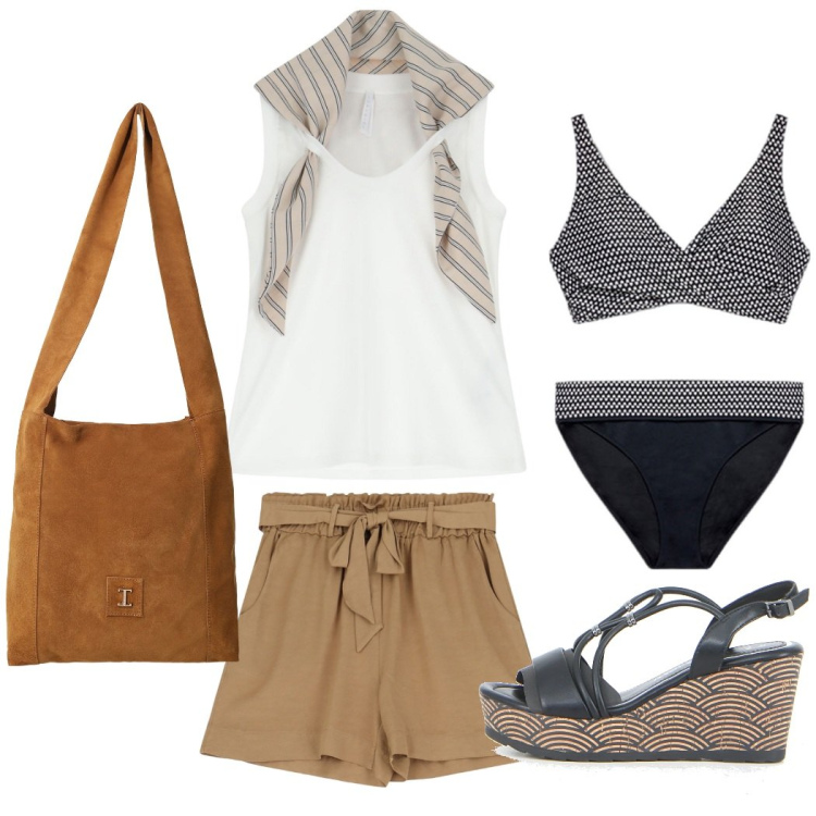 Outfit donna - Outfit riviera. Stile Casual chic per Mare. Abbinamento con top, borse a tracolla, shorts, bikini, sandali in pelle.