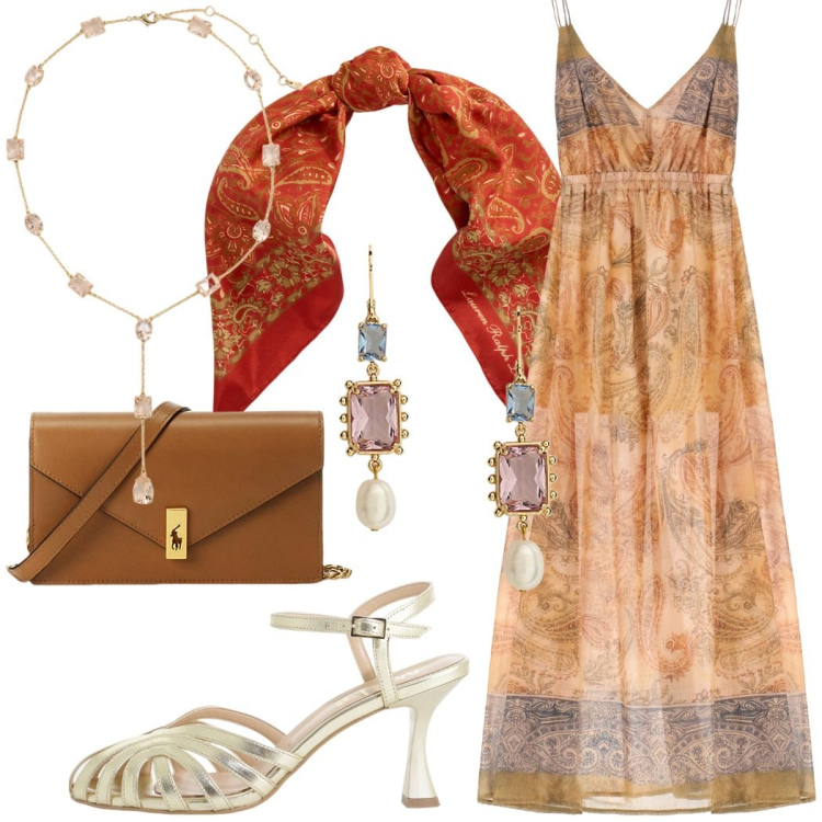 Outfit donna - Cena in terrazza. Stile Boho per Serata fuori. Abbinamento con vestiti lunghi, sandali col tacco, foulard, clutch, orecchini, collane.