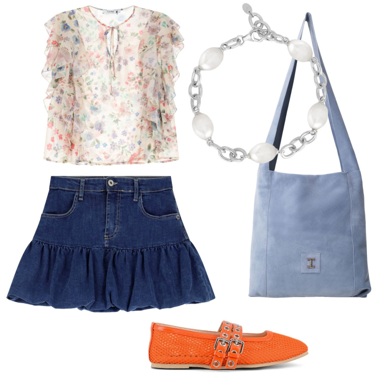 Outfit donna - Aperitivo d\'estate. Stile Romantica per Mare. Abbinamento con braccialetti, minigonne, camicie a manica corta, borse a tracolla, ballerine.