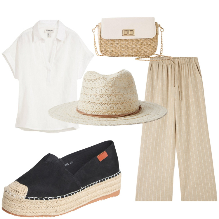 Outfit donna - Cartolina da Portofino. Stile Casual chic per Tutti i giorni. Abbinamento con bluse, shopping bag, pantaloni, cappelli, espadrillas.