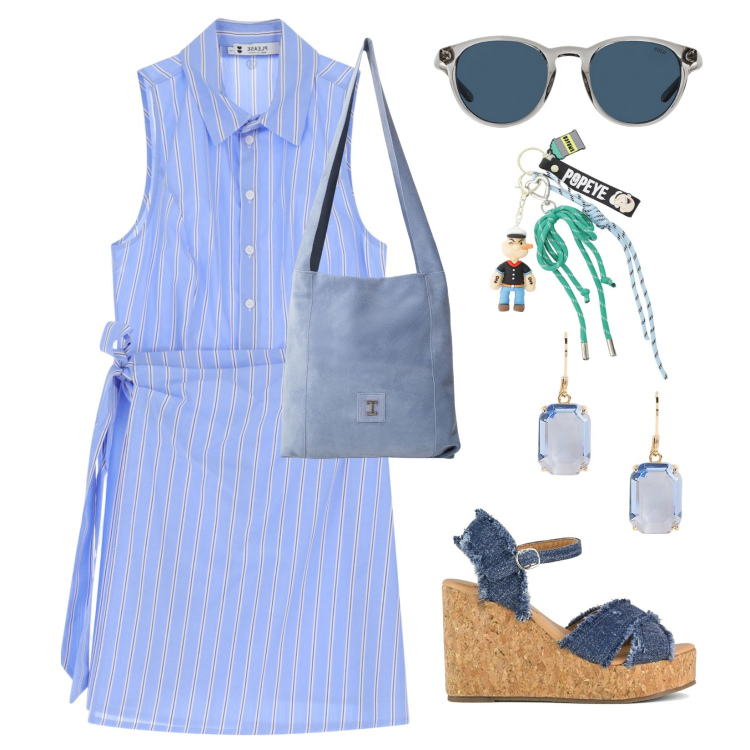 Outfit donna - Tendenze imperdibili!. Stile Casual chic per Mare. Abbinamento con vestiti chemisier, borse a tracolla, portachiavi, occhiali da sole, orecchini, zeppe.