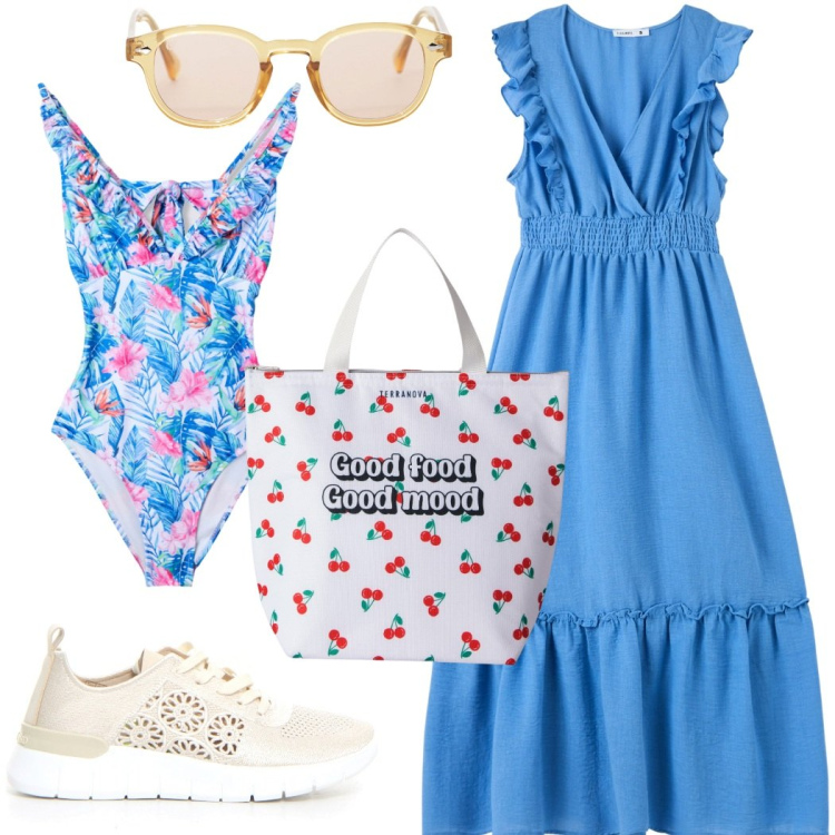 Outfit donna - L\'abito azzurro. Stile Casual per Mare. Abbinamento con vestiti lunghi, costumi interi, borse tote, occhiali da sole, sneakers.