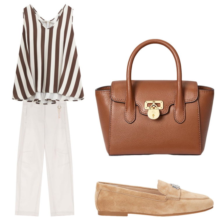 Outfit donna - Aperitivo. Stile Trendy per Tutti i giorni. Abbinamento con top, pantaloni, mocassini, borse a mano.